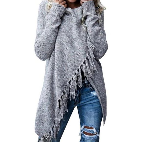 Grey Cardigan Boho Sweater Cover Up Poncho Wrap Knit Tassels Trendy Womens Top - Picture 9 of 12